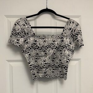 Cache Black & White Floral Lace Square-Neck Crop Top